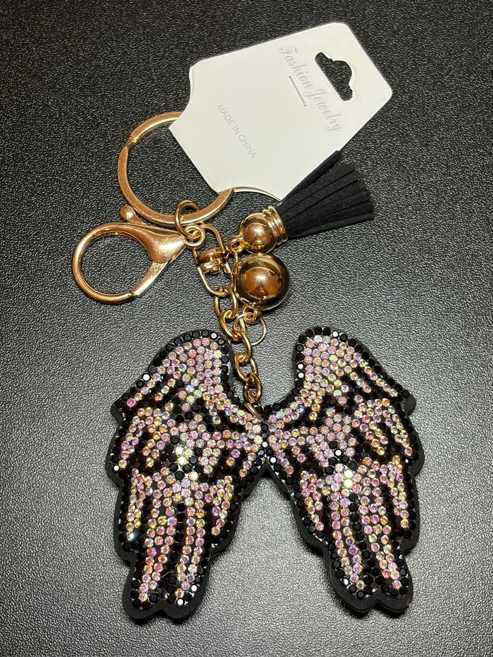Gold-Tone Iridescent Crystal Angel Wing Keychain with Black Tassel